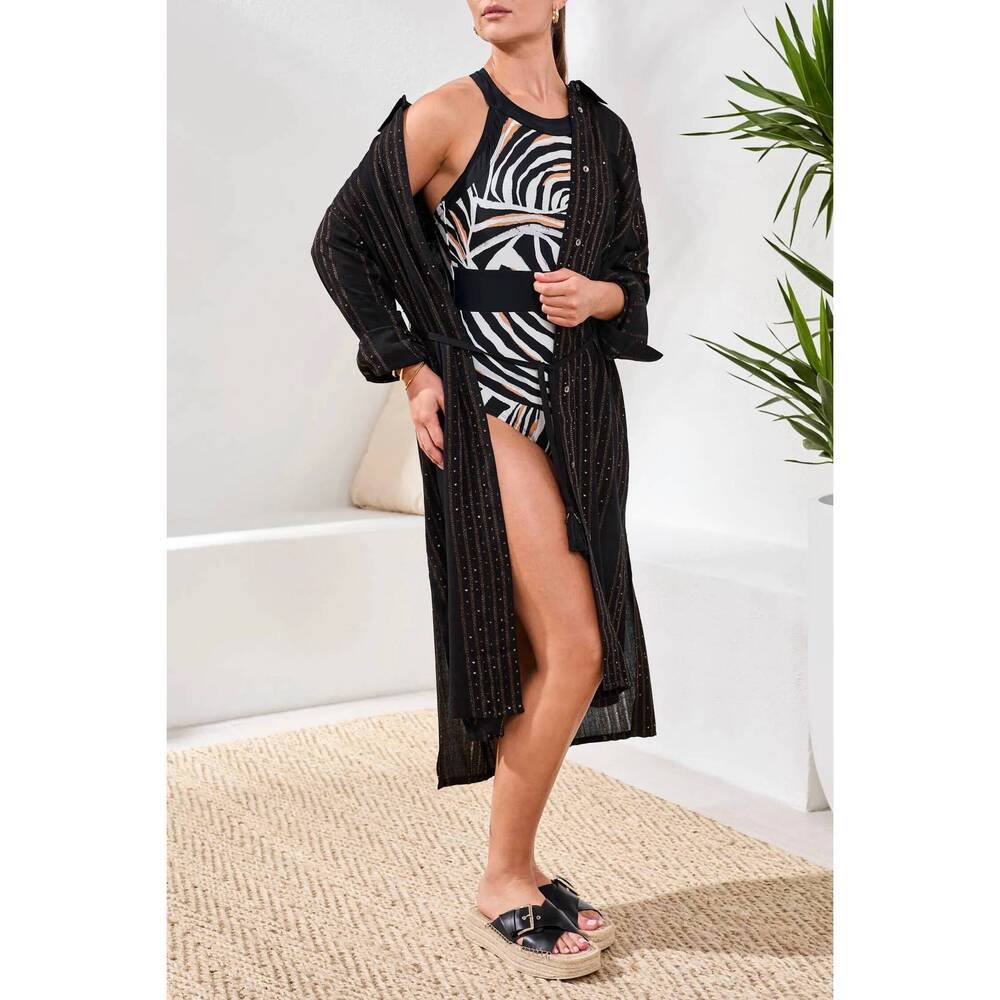 NEW TRIBAL long sleeve button front dress in black